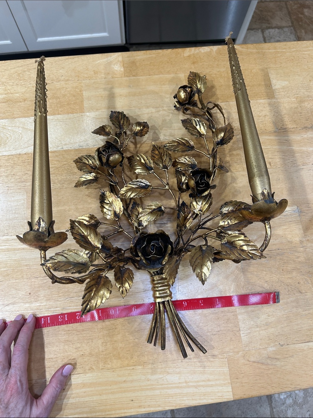 FABULOUS PAIR RARE VINTAGE ITALIAN GILT ROSE DOUBLE WALL SCONCES - Picture 8 of 16